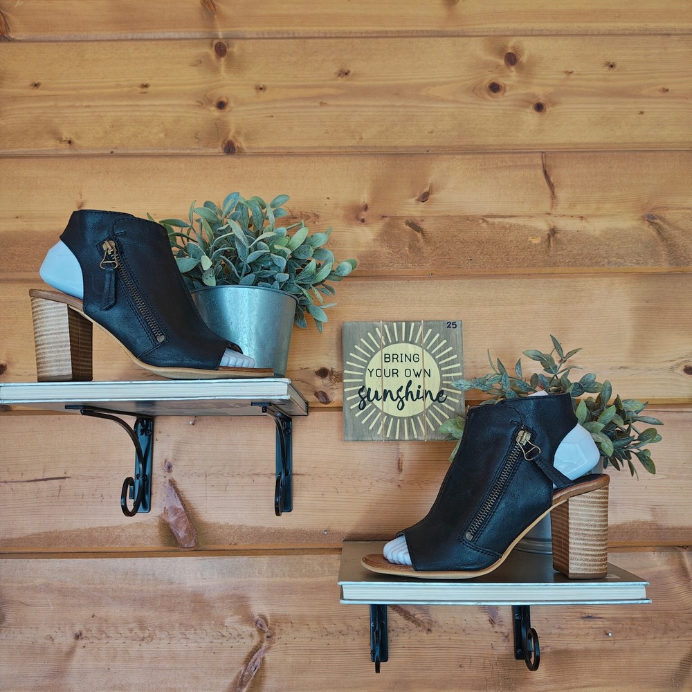 Miz Mooz Summer Peep Toe Block Heel Black Leather Sandal Ankle Booties Sz 37/6.5